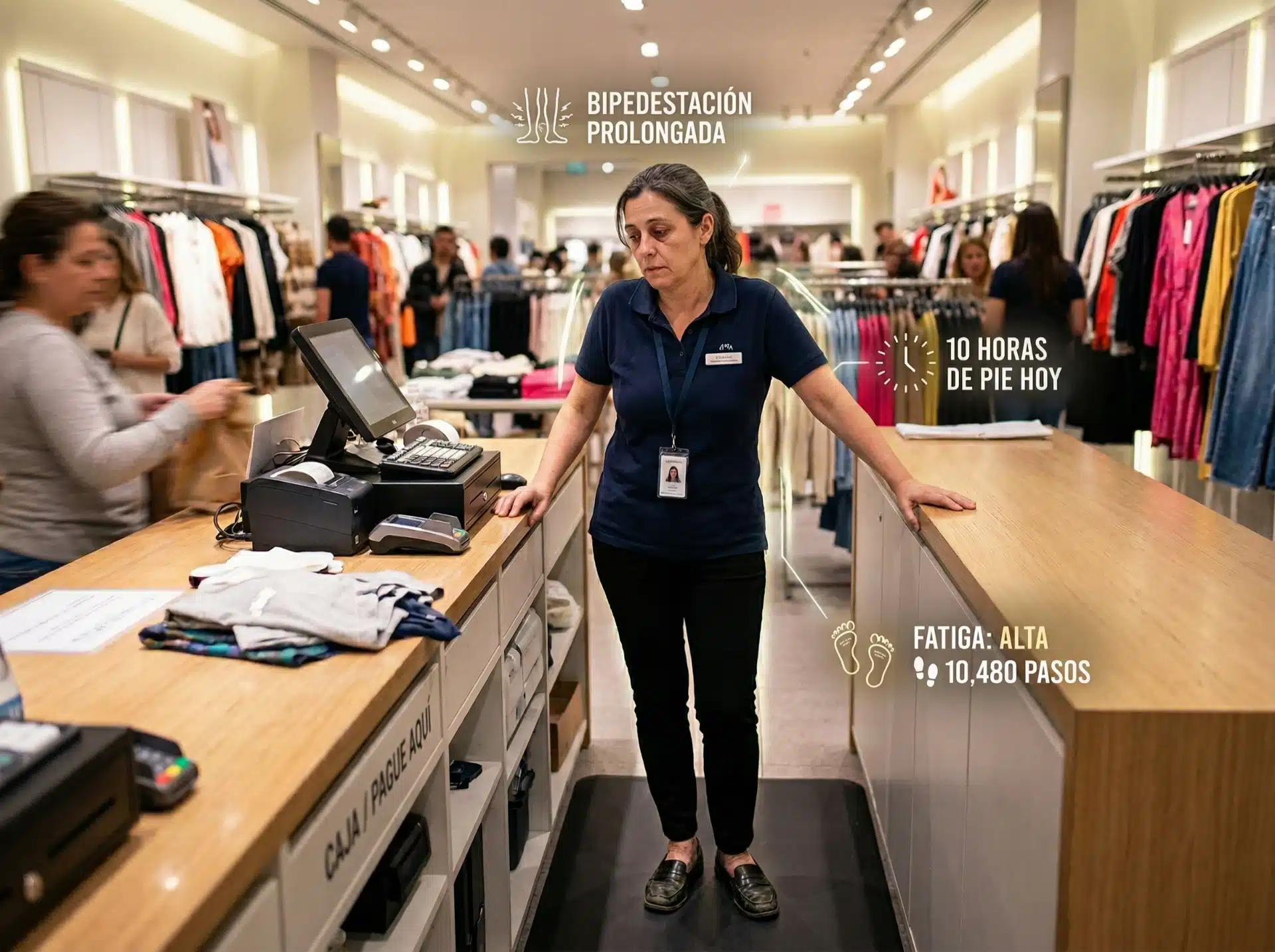 Fatiga muscular en el trabajo: 7 riesgos que afectan a tu salud 5 Mujer 10h de pie