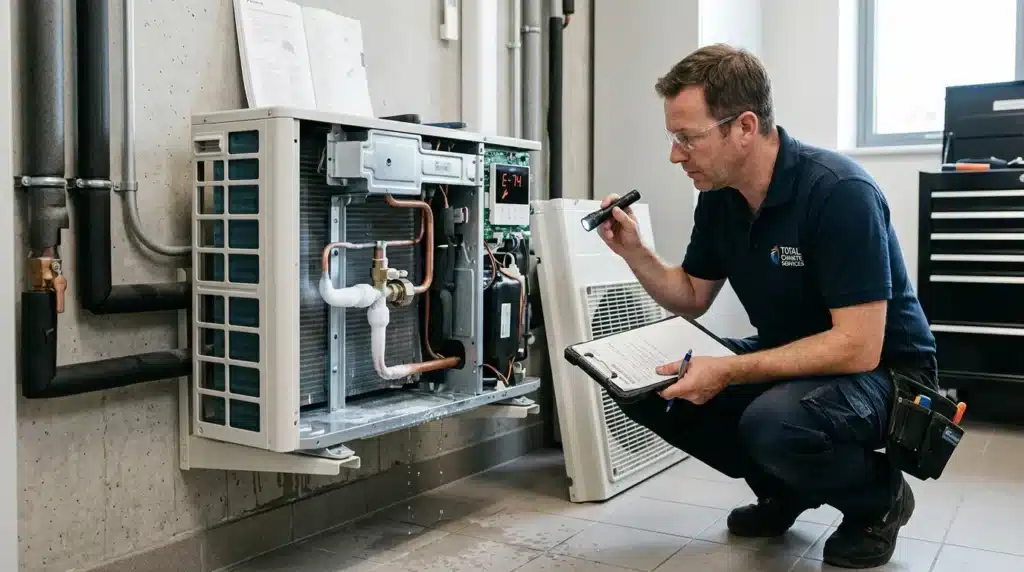 Técnico en climatización revisando