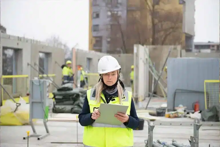 mujer constructora pensativa