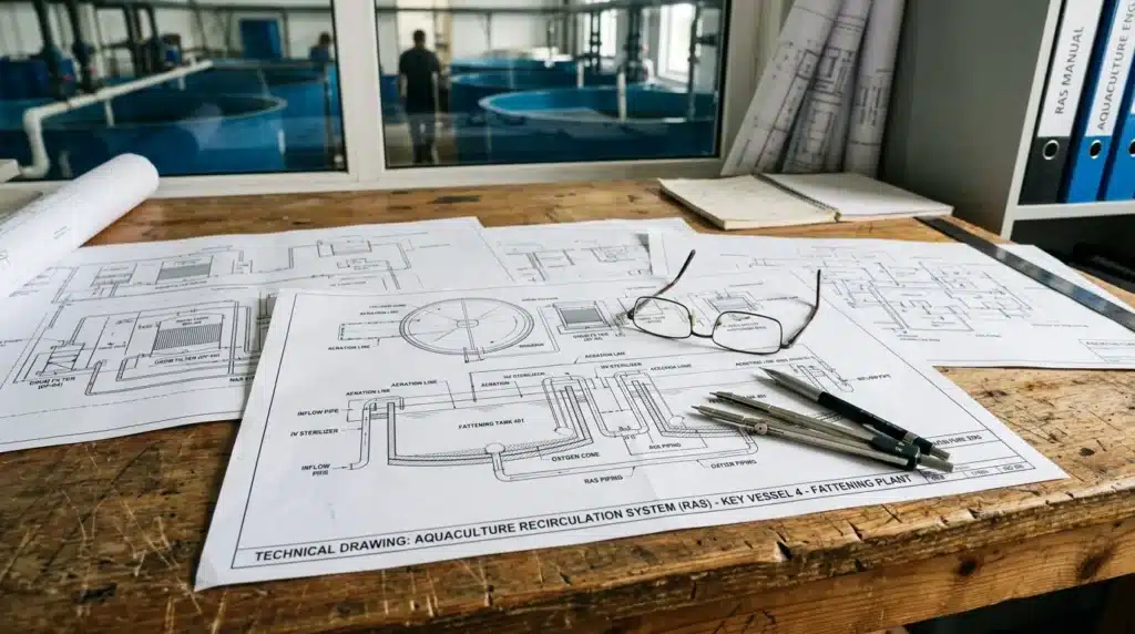 Planos de piscifactoría sobre una mesa