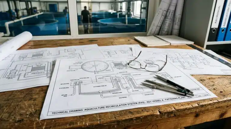 Planos de piscifactoría sobre una mesa