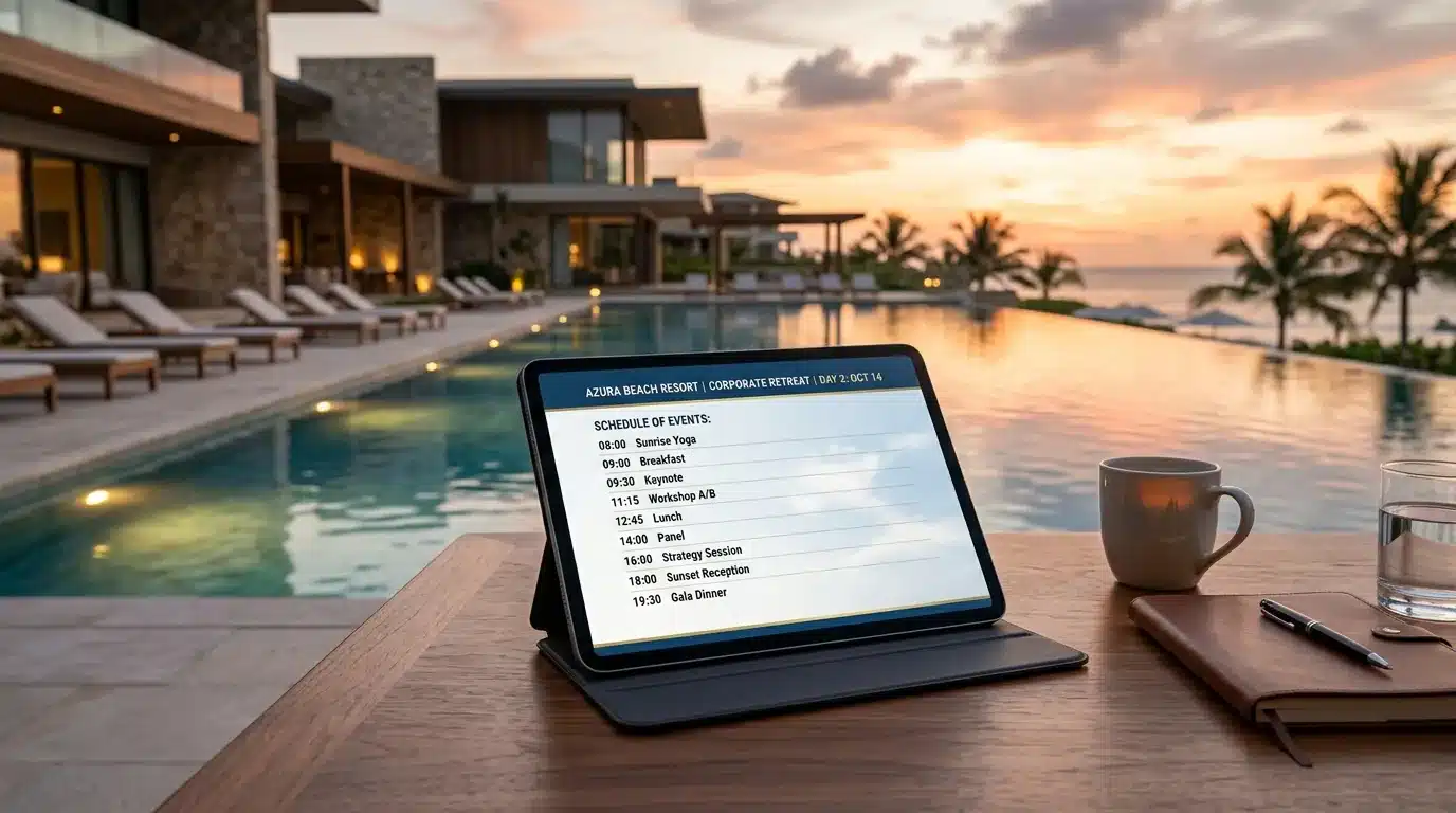 Representación de tablet sobre mesa en hotel con funciones de animación turística