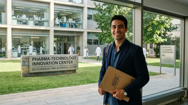 joven con carpeta en oficina de biotecnología