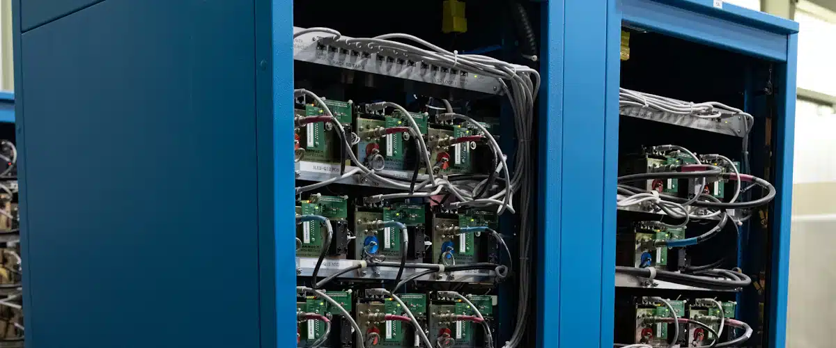 Computación en la nube: cómo funciona y qué ventajas ofrece a las empresas 7 Armarios azules con componentes electrónicos y cables de red conectados
