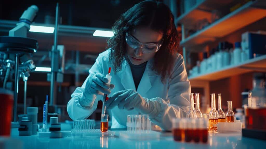 Trabajadora de farmacéutica experimentando con química