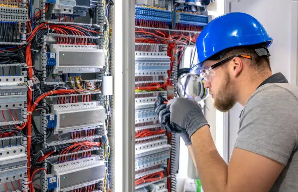 Instalaciones de telecomunicaciones en 2026: tipos, tecnología y futuro 2 Persona instalando cuadro eléctrico