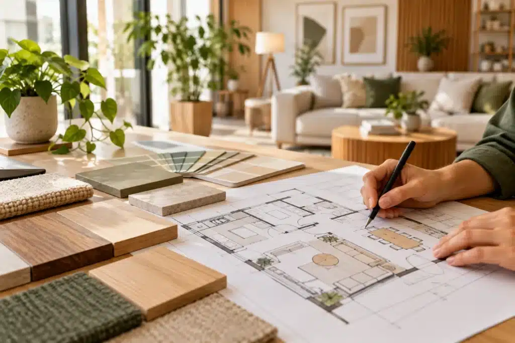 Diseño de interiores: 7 tendencias que transforman los espacios y mejoran su funcionalidad 2 Diseño de interiores con planos de distribución, muestras de madera y materiales para planificar espacios funcionales.