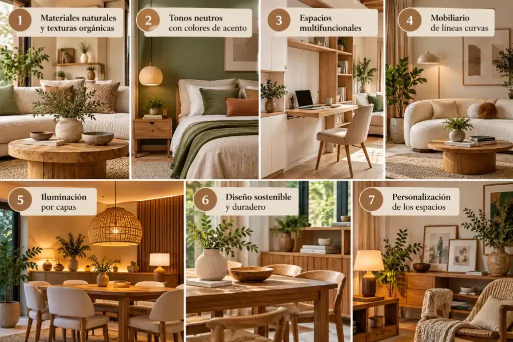 Diseño de interiores: 7 tendencias que transforman los espacios y mejoran su funcionalidad 3 Diseño de interiores: tendencias que transforman los espacios. Collage de siete ambientes modernos con muebles de madera, sofás curvos, tonos neutros, plantas naturales, iluminación cálida y decoración sostenible.