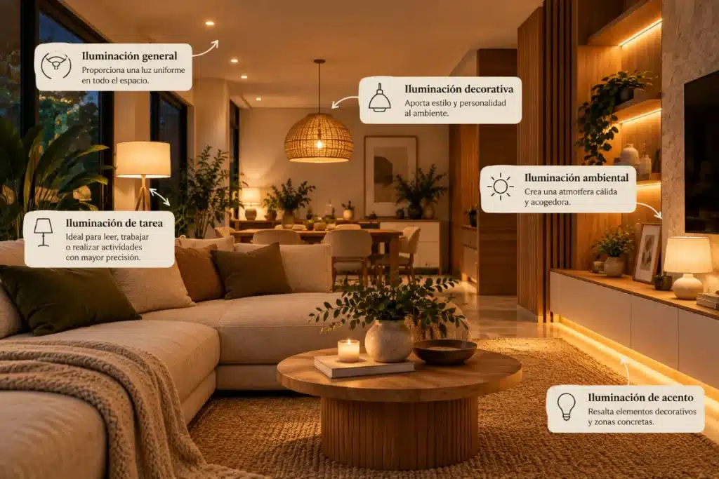 Diseño de interiores: 7 tendencias que transforman los espacios y mejoran su funcionalidad 4 Salón moderno con iluminación general, lámparas colgantes, luces ambientales en estanterías y lámparas de pie, combinado con muebles de madera y tonos cálidos para crear un espacio acogedor y funcional.