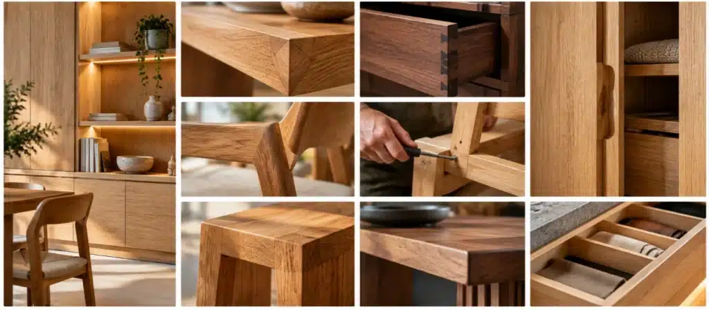 Diseño de interiores: 7 tendencias que transforman los espacios y mejoran su funcionalidad 6 Muebles de madera natural con detalles de ensamblaje, cajones, estanterías iluminadas y acabados en roble y nogal en un proyecto de decoración.