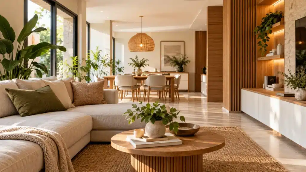 Diseño de interiores: 7 tendencias que transforman los espacios y mejoran su funcionalidad 4 Diseño de interiores moderno con mobiliario de madera, iluminación natural y decoración sostenible en un salón contemporáneo.