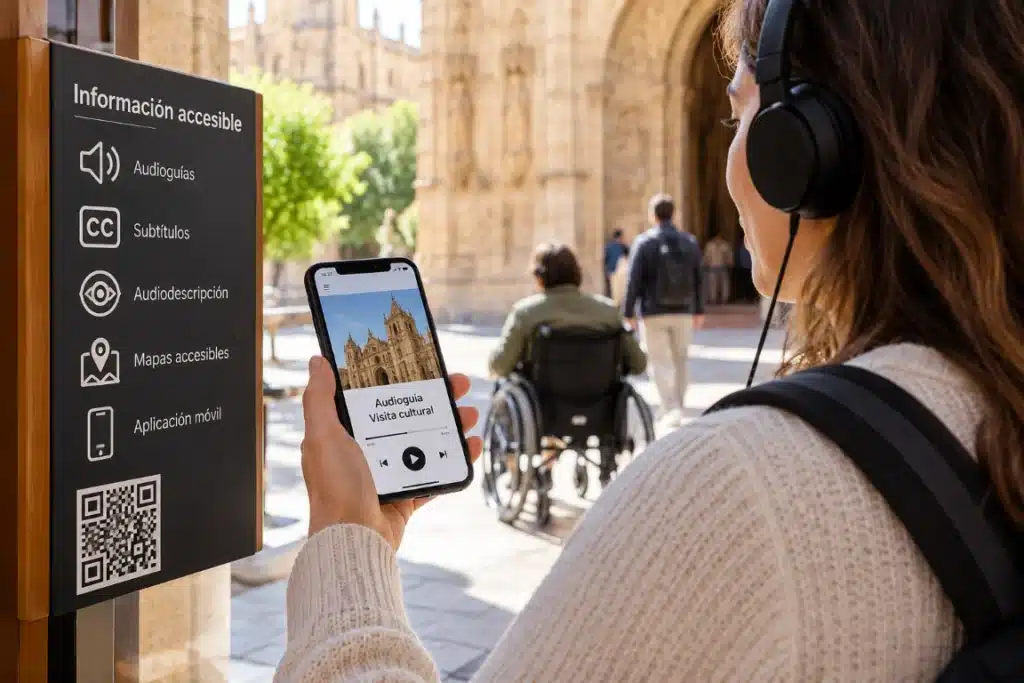 Turismo accesible: cómo diseñar experiencias culturales inclusivas para todas las personas 3 Una visitante utiliza una audioguía en su móvil frente a un panel informativo con opciones de audiodescripción, subtítulos, mapas accesibles y código QR en un espacio cultural.