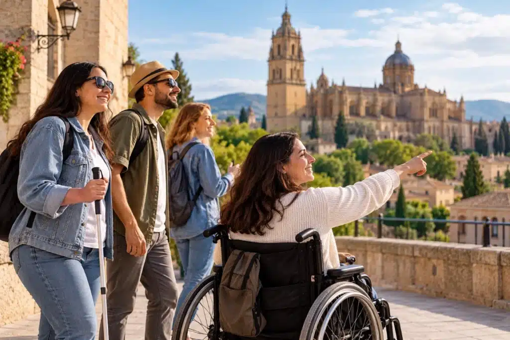 Turismo accesible: cómo diseñar experiencias culturales inclusivas para todas las personas 2 Turismo accesible: grupo de viajeros, incluida una mujer en silla de ruedas y una persona con bastón blanco, disfrutando de una visita cultural frente a una catedral histórica.