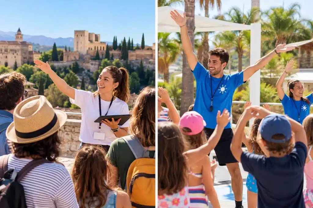 Turismo accesible: cómo diseñar experiencias culturales inclusivas para todas las personas 4 Animadores turísticos y socioculturales: una animadora guía a un grupo de visitantes durante una excursión cultural y un animador dirige actividades recreativas con niños en un complejo turístico al aire libre.