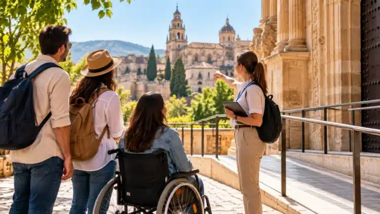 Turismo accesible: cómo diseñar experiencias culturales inclusivas para todas las personas. Grupo de visitantes realizando una visita guiada a un monumento histórico por una rampa accesible, con una persona en silla de ruedas y una guía turística.
