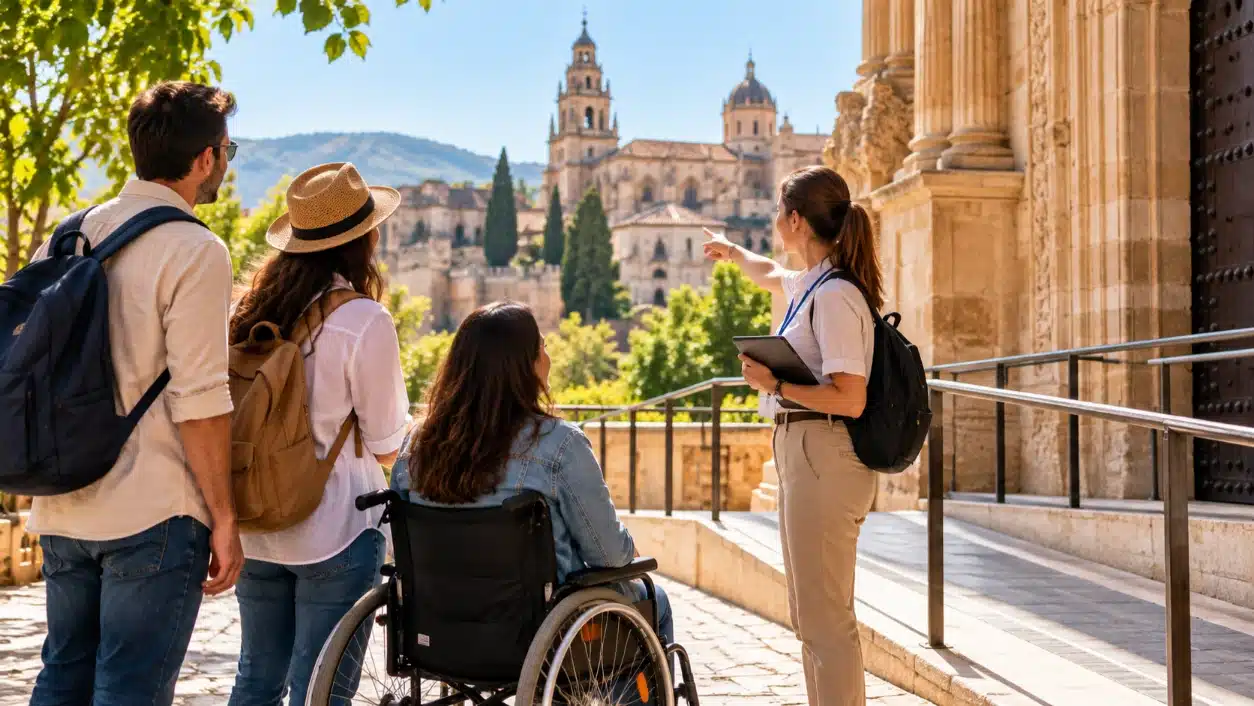 Turismo accesible: cómo diseñar experiencias culturales inclusivas para todas las personas. Grupo de visitantes realizando una visita guiada a un monumento histórico por una rampa accesible, con una persona en silla de ruedas y una guía turística.