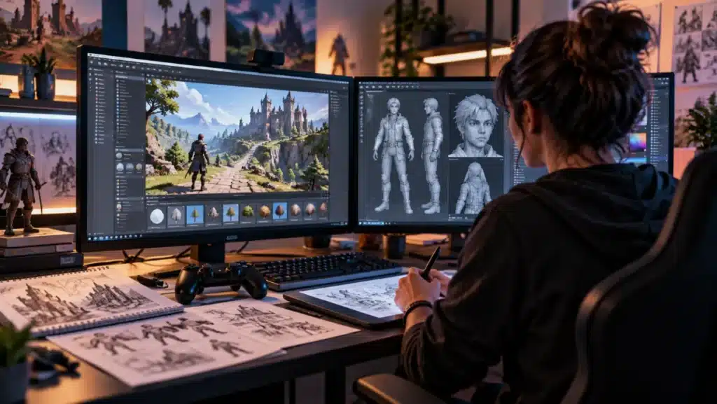 Tipos de videojuegos: géneros, características y ejemplos 5 Persona diseñando un videojuego en un ordenador con herramientas de modelado 3D y concept art