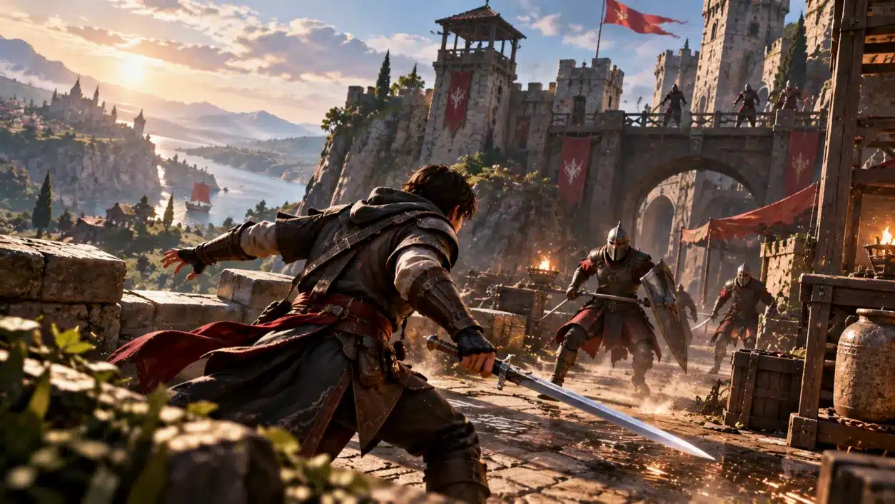 Tipos de videojuegos: géneros, características y ejemplos 2 Escena de un videojuego de acción con un guerrero armado con espada enfrentándose a varios soldados frente a una fortaleza medieval