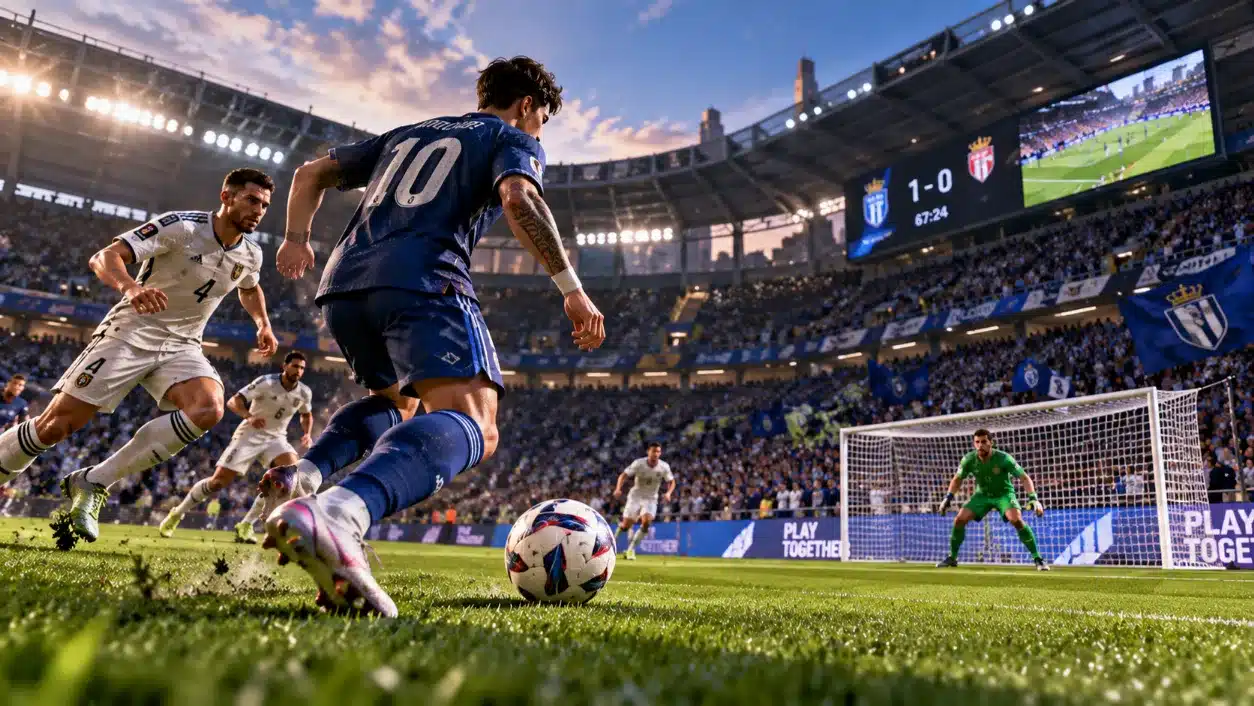 Tipos de videojuegos: géneros, características y ejemplos 3 Videojuego de fútbol con dos jugadores disputando el balón frente a la portería en un estadio lleno