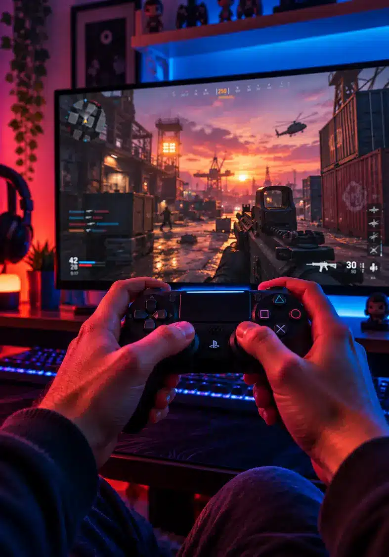 Tipos de videojuegos: géneros, características y ejemplos 6 Tipos de videojuegos: persona jugando a un videojuego de acción con un mando frente a una pantalla iluminada.