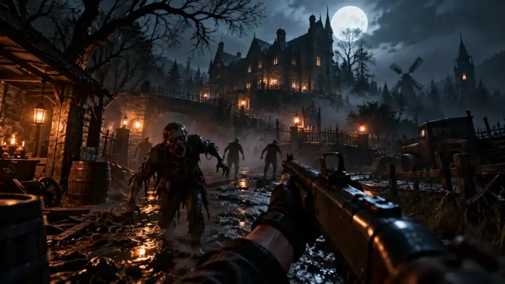 Tipos de videojuegos: géneros, características y ejemplos 4 Videojuego de terror con criaturas monstruosas frente a una mansión gótica durante una noche de niebla
