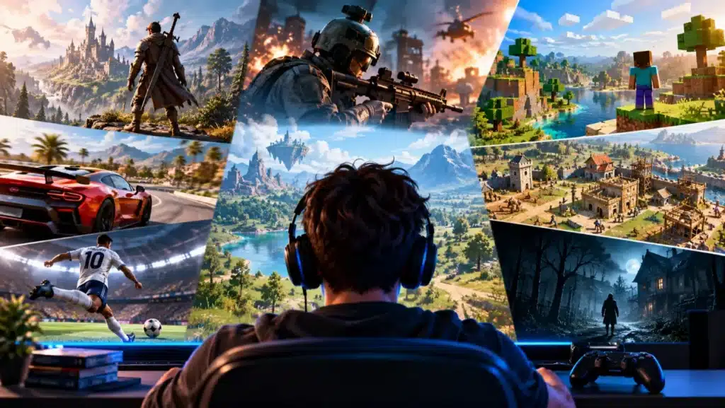 Tipos de videojuegos: géneros, características y ejemplos 12 Persona jugando a un videojuego con auriculares frente a una pantalla que muestra diferentes géneros de videojuegos