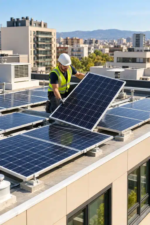 Eficiencia energética en edificios: medidas para ahorrar energía 4 Instalación de paneles solares fotovoltaicos en la cubierta de un edificio urbano por un técnico equipado con casco y chaleco de seguridad.