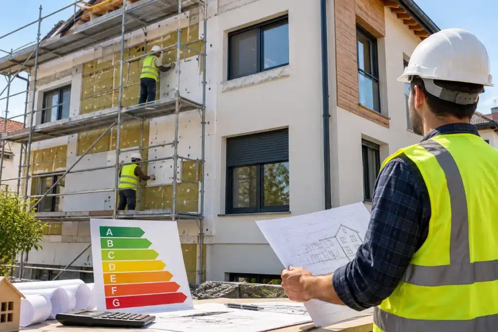 Eficiencia energética en edificios: medidas para ahorrar energía 3 Edificio residencial en proceso de rehabilitación energética, con trabajadores instalando aislamiento térmico en la fachada y un técnico revisando planos junto a una escala de eficiencia energética de la A a la G.