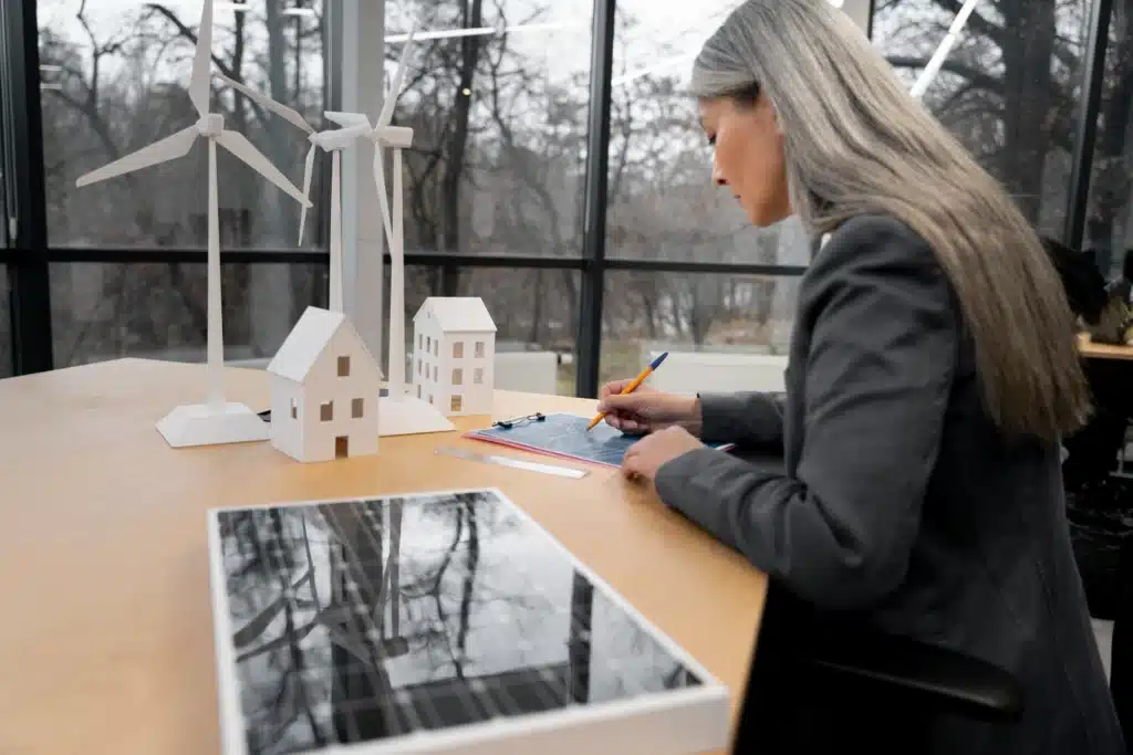 Eficiencia energética en edificios: medidas para ahorrar energía 5 Profesional analizando planos de edificios sostenibles junto a maquetas de viviendas y aerogeneradores en una oficina con grandes ventanales.