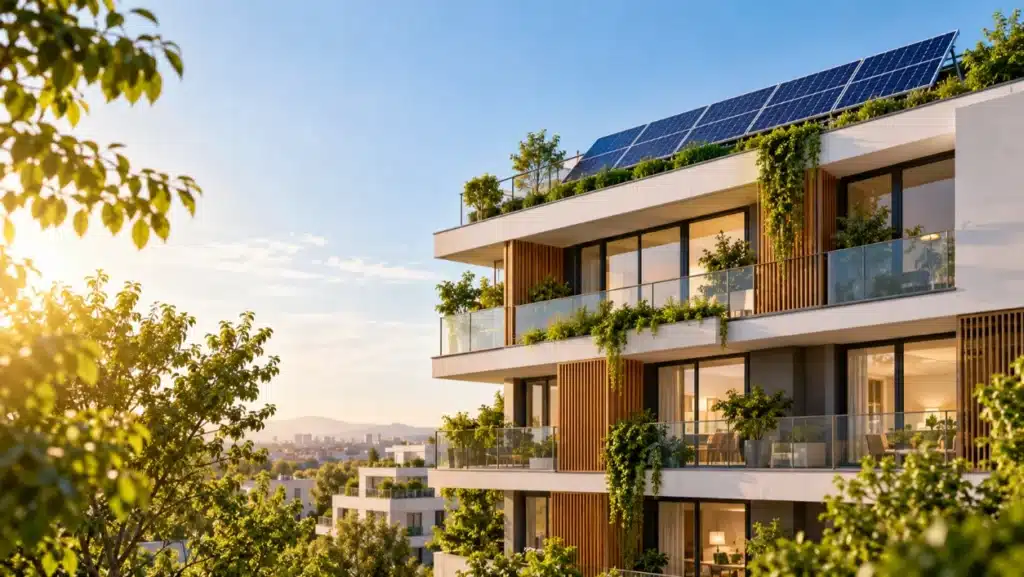 Eficiencia energética en edificios: medidas para ahorrar energía 3 Eficiencia energética en edificios: medidas para ahorrar energía mediante un edificio sostenible con paneles solares, amplios ventanales y terrazas con vegetación que favorecen el aprovechamiento de la luz natural y reducen el consumo energético.