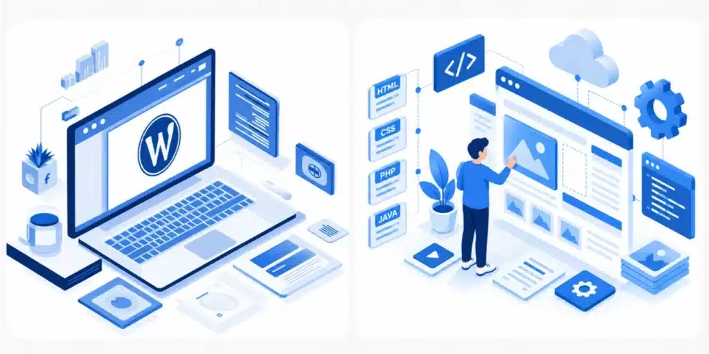 Ilustración dividida en dos escenas sobre desarrollo web: a la izquierda, un ordenador portátil con el logotipo de WordPress rodeado de elementos digitales; a la derecha, una persona diseñando una página web junto a iconos de HTML, CSS, PHP y Java, paneles de código y herramientas de configuración.