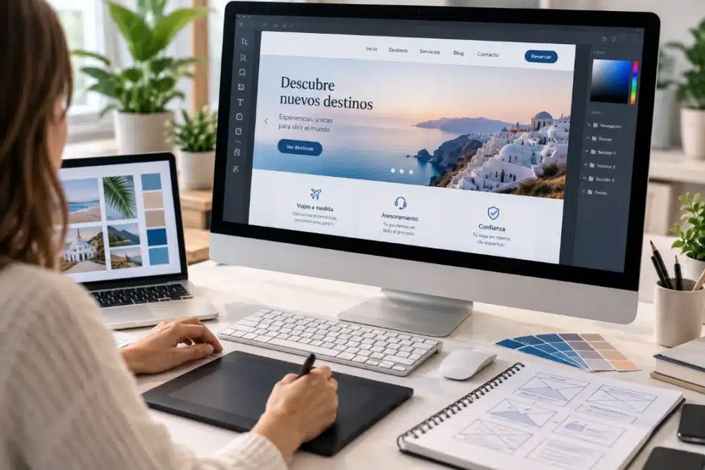 Diseñadora web trabajando con una tableta gráfica frente a un monitor que muestra el diseño de una página web de viajes, con fotografías de destinos costeros, menú de navegación y tarjetas de servicios.