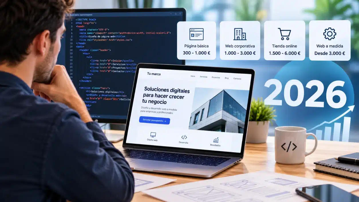 Diseño de páginas web: cuánto cuesta crear una web en 2026 y qué factores influyen en el precio. Profesional trabajando en el desarrollo de una página web desde un ordenador portátil, con código HTML, diseños de interfaces y una comparativa de precios según el tipo de proyecto.