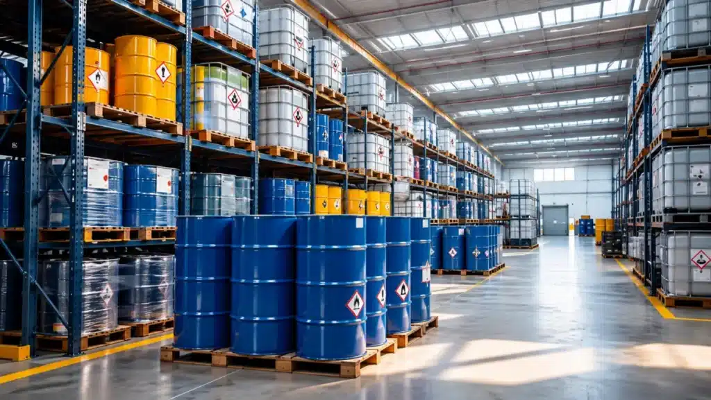 Productos químicos: 7 claves para almacenarlos y gestionarlos con seguridad 2 Bidones azules y amarillos y contenedores blancos almacenados en estanterías metálicas dentro de una nave industrial iluminada.