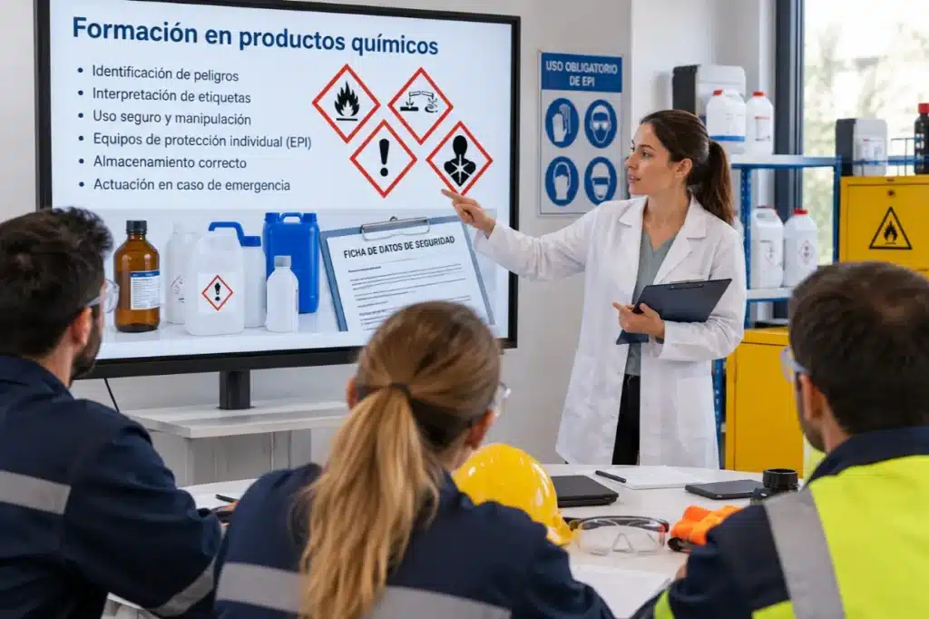 Productos químicos: 7 claves para almacenarlos y gestionarlos con seguridad 8 Formadora con bata blanca explica los riesgos químicos y las medidas de seguridad a varios trabajadores durante una sesión formativa.