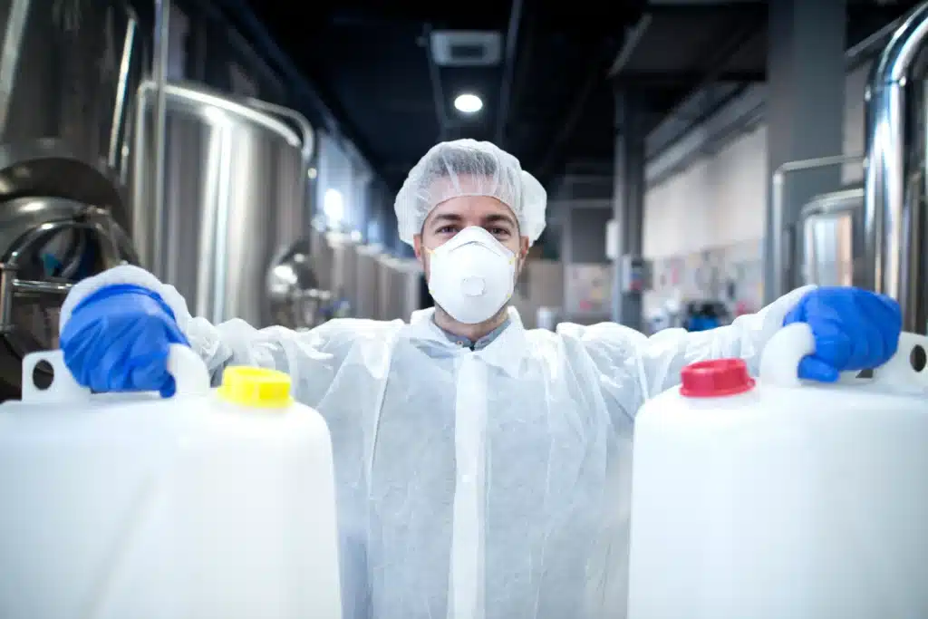 Productos químicos: 7 claves para almacenarlos y gestionarlos con seguridad 7 Trabajador con mono de protección, mascarilla y guantes azules junto a dos recipientes blancos con tapones de colores.