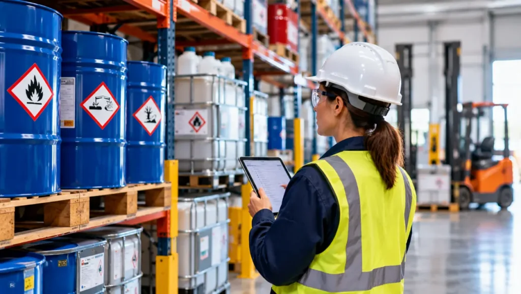 Productos químicos: 7 claves para almacenarlos y gestionarlos con seguridad 9 Trabajadora con casco y chaleco reflectante consulta una tableta junto a bidones azules y contenedores de productos químicos en un almacén industrial.