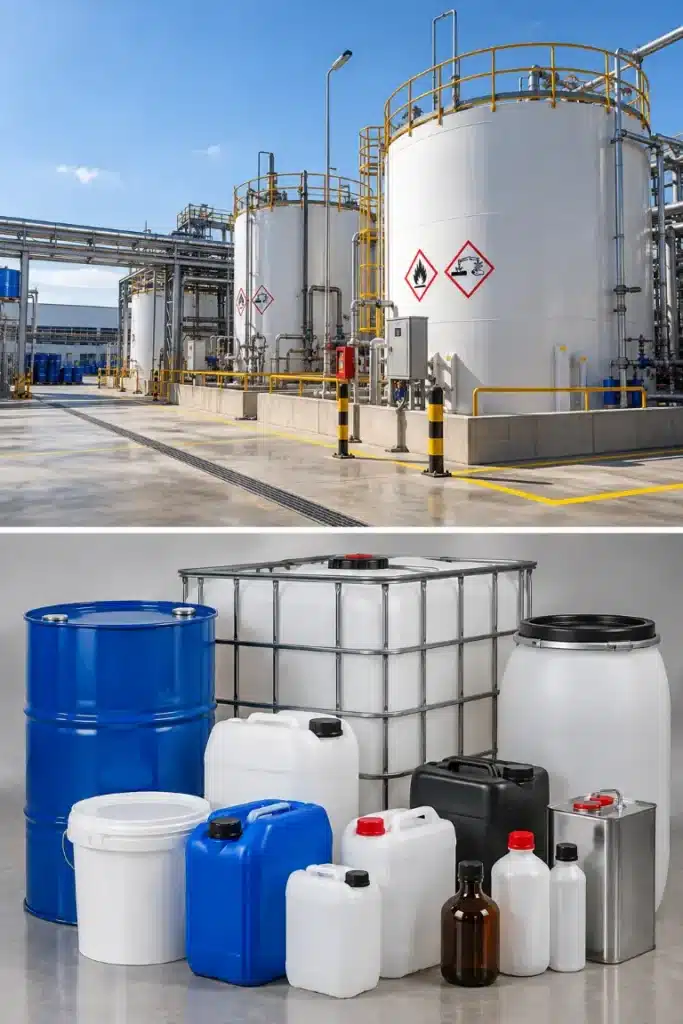 Productos químicos: 7 claves para almacenarlos y gestionarlos con seguridad 4 Depósitos industriales de gran tamaño en la parte superior y distintos envases de almacenamiento, como bidones, garrafas y contenedores, en la parte inferior.