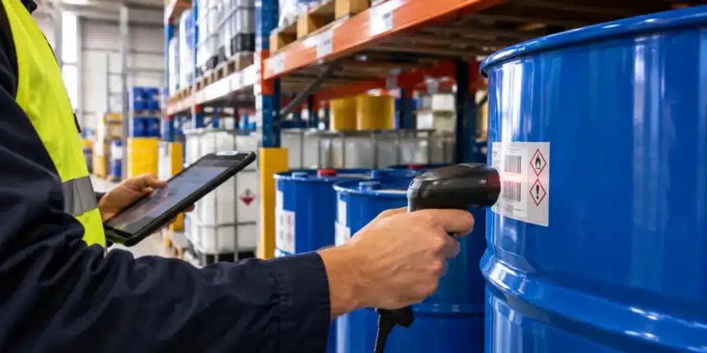 Productos químicos: 7 claves para almacenarlos y gestionarlos con seguridad 5 Trabajador escaneando con un lector el código de barras de un bidón azul de productos químicos en un almacén industrial.