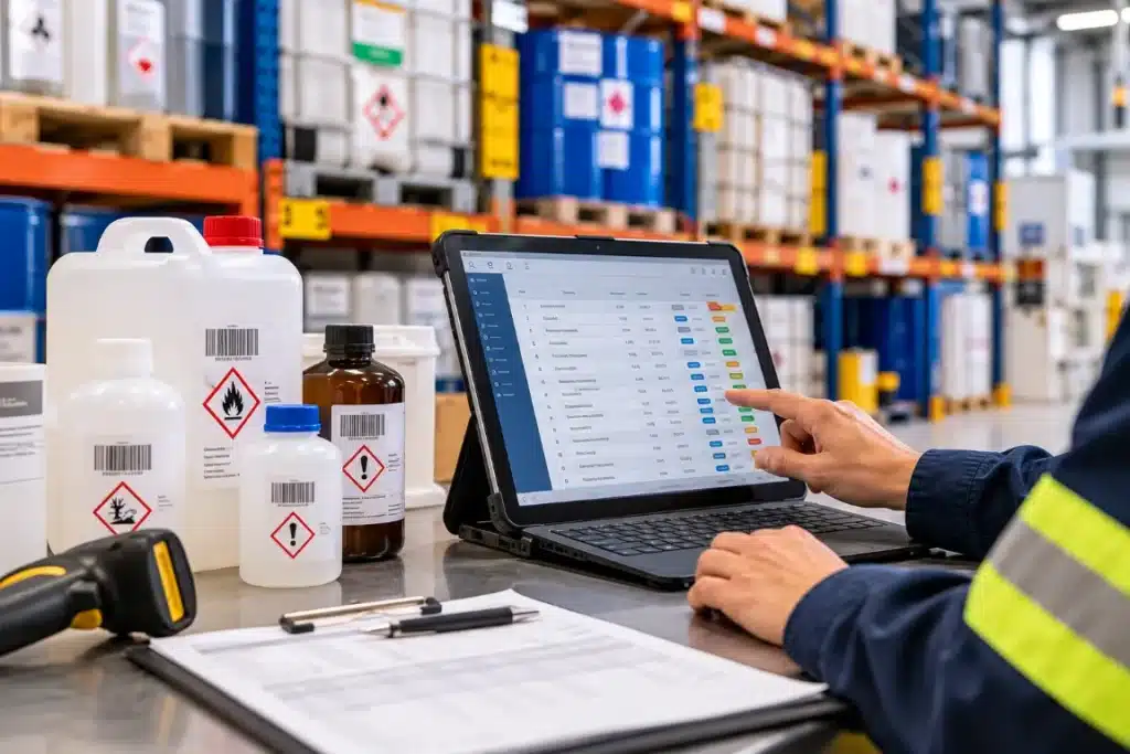 Productos químicos: 7 claves para almacenarlos y gestionarlos con seguridad 6 Trabajador consultando un inventario digital en una pantalla junto a varios envases de productos químicos etiquetados.