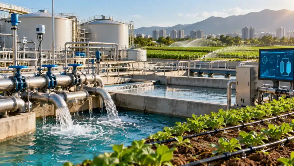 Tecnología para la gestión eficiente del agua en una planta de tratamiento y sistema de riego