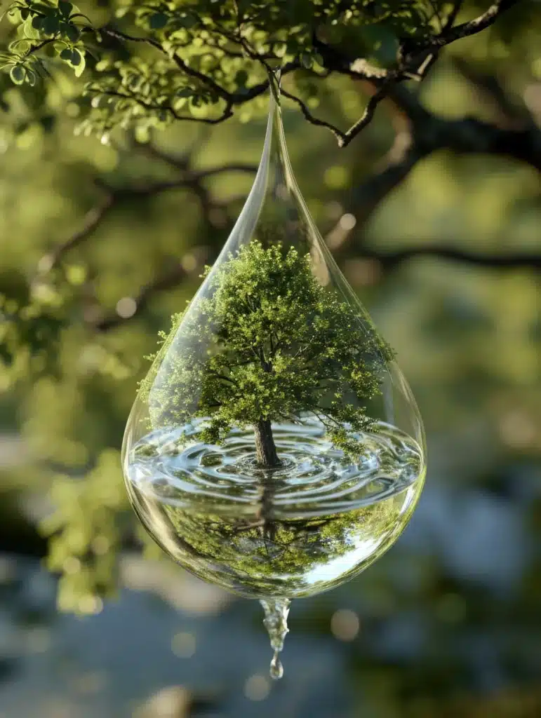 ¿Cómo combatir la escasez de agua? Tecnología y soluciones para una gestión eficiente 3 Árbol rodeado de agua dentro de una gota que representa la gestión sostenible de los recursos hídricos