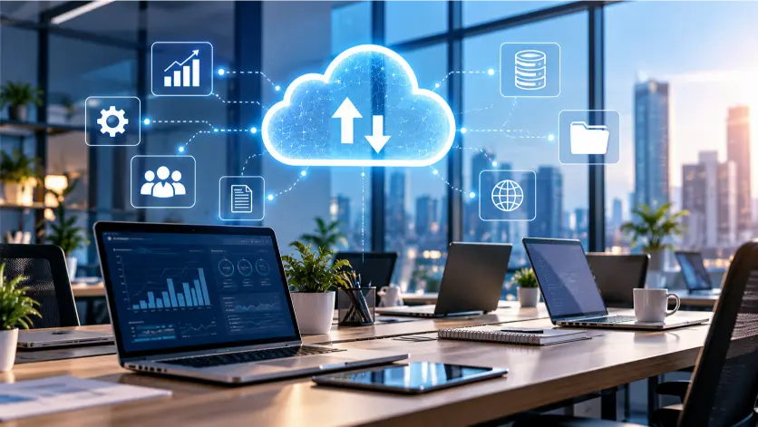 Cloud Computing: qué es, cómo funciona y por qué es clave para las empresas 2 Oficina moderna con ordenadores conectados a una nube digital que representa servicios de Cloud Computing.