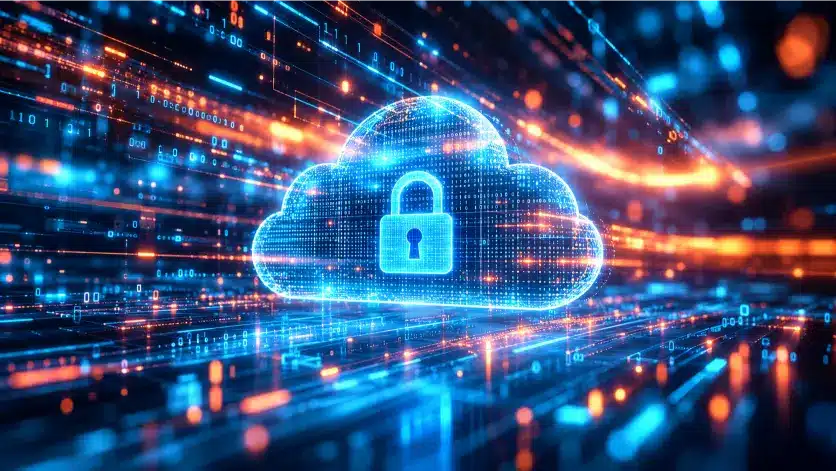Cloud Computing: qué es, cómo funciona y por qué es clave para las empresas 3 Nube digital con candado de seguridad rodeada de conexiones y datos tecnológicos.