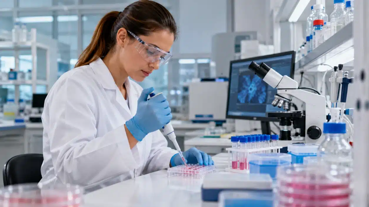 Biotecnología en la industria farmacéutica: aplicaciones, avances y oportunidades profesionales 3 Científica trabajando con muestras biológicas en un laboratorio de investigación farmacéutica.