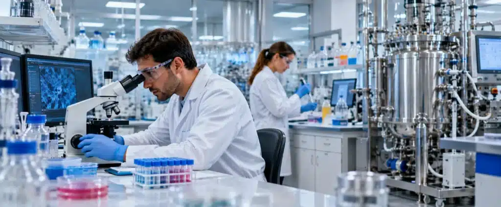 Biotecnología en la industria farmacéutica: aplicaciones, avances y oportunidades profesionales 6 Industria farmacéutica: investigadores trabajando en un laboratorio de biotecnología y desarrollo de medicamentos.