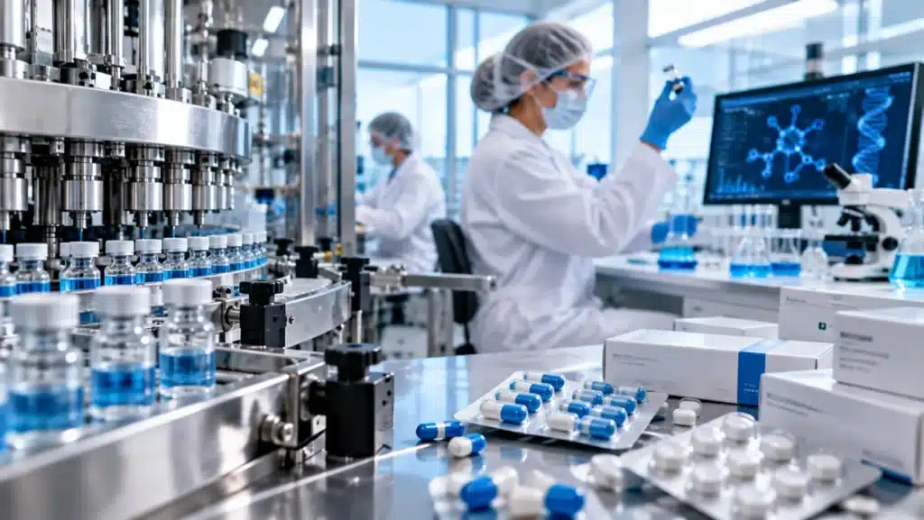 Biotecnología en la industria farmacéutica: aplicaciones, avances y oportunidades profesionales 2 Profesionales trabajando en un laboratorio farmacéutico con equipos de producción, medicamentos y herramientas de investigación.