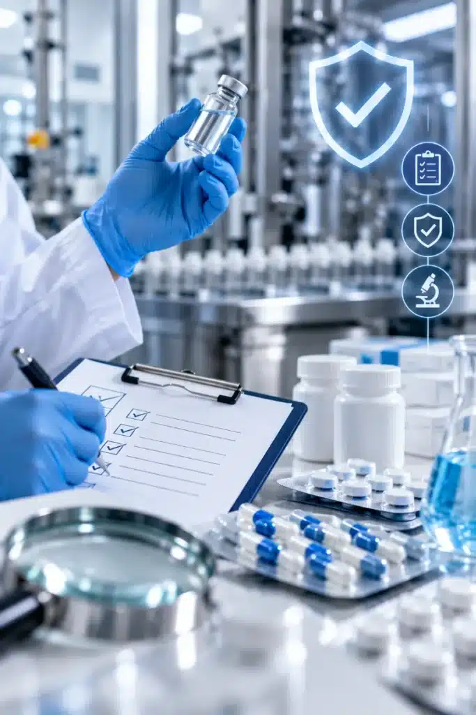 Biotecnología en la industria farmacéutica: aplicaciones, avances y oportunidades profesionales 4 Profesional con guantes de protección inspeccionando un vial de medicamento durante un proceso de control de calidad farmacéutico.