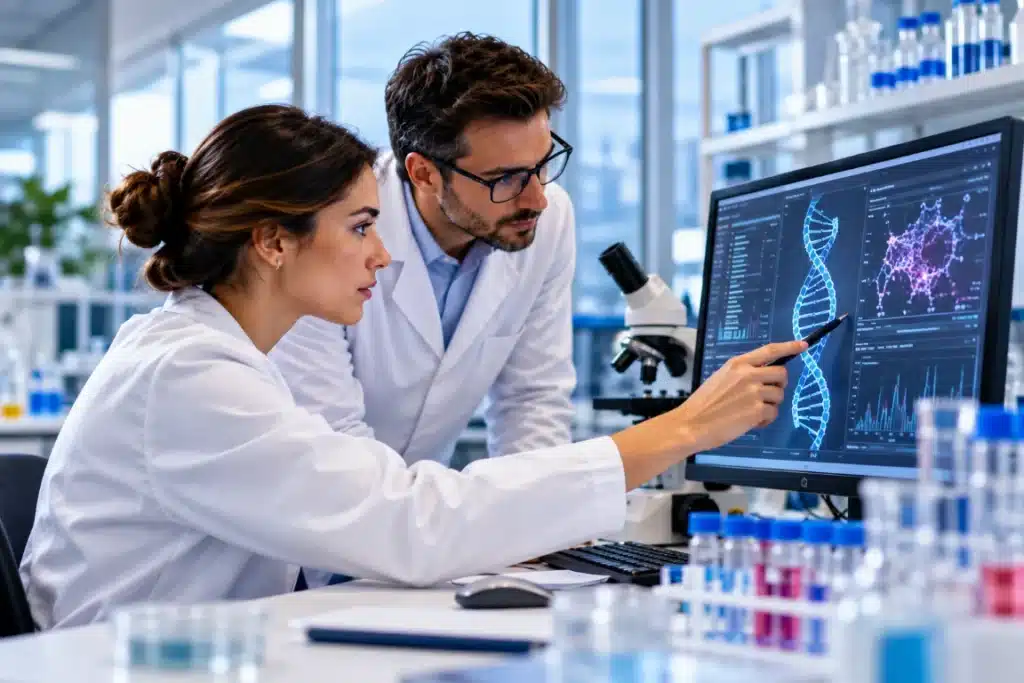 Biotecnología en la industria farmacéutica: aplicaciones, avances y oportunidades profesionales 5 Dos investigadores analizan información genética y modelos moleculares en una pantalla durante un estudio de biotecnología farmacéutica.