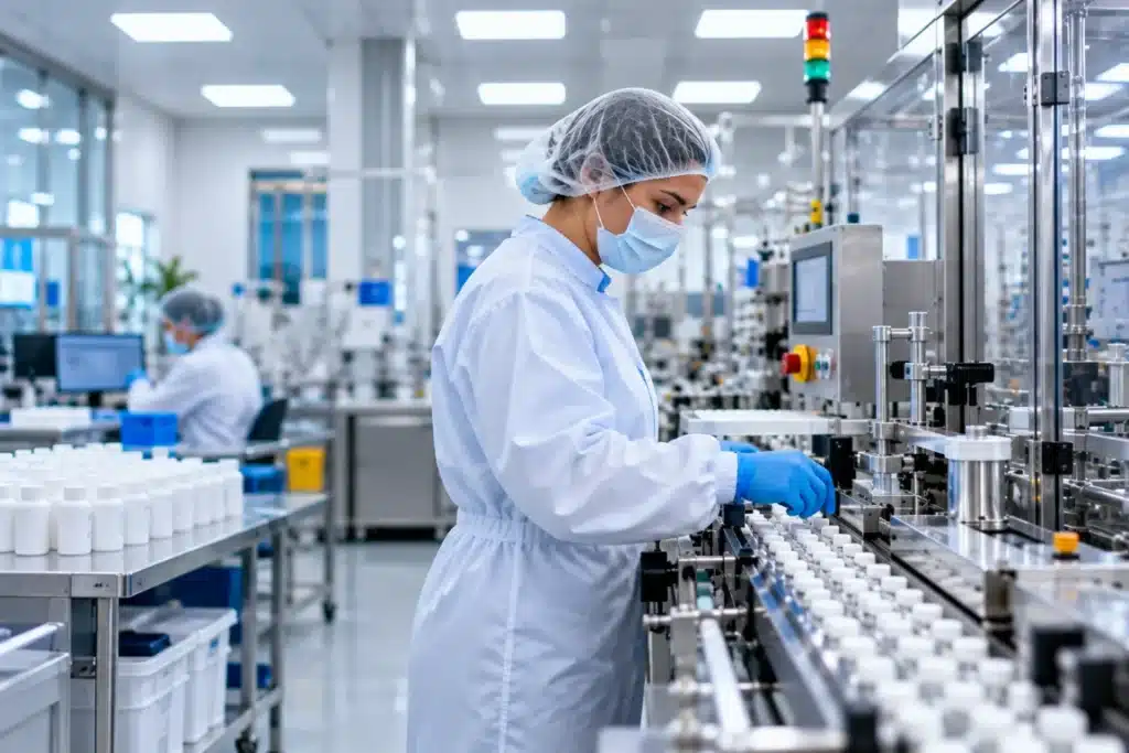 Biotecnología en la industria farmacéutica: aplicaciones, avances y oportunidades profesionales 6 Profesional supervisando una línea automatizada de fabricación de medicamentos en una planta farmacéutica.
